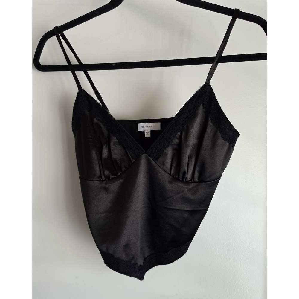 Better Be Camisole S Black Satin V-Neck Sleeveless Tank Top Women Solid